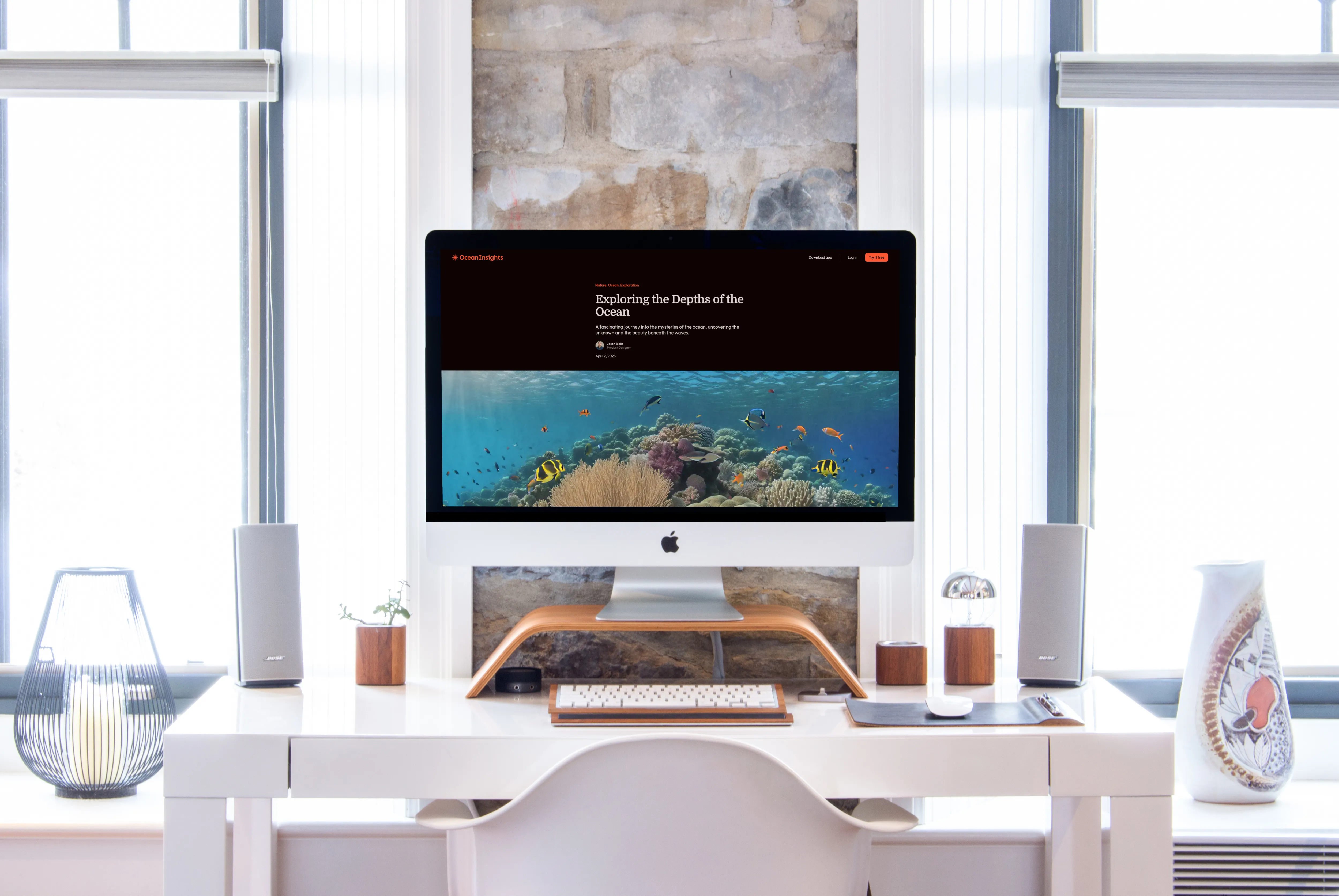 iMac mockup on a table with a keyboard and a mouse