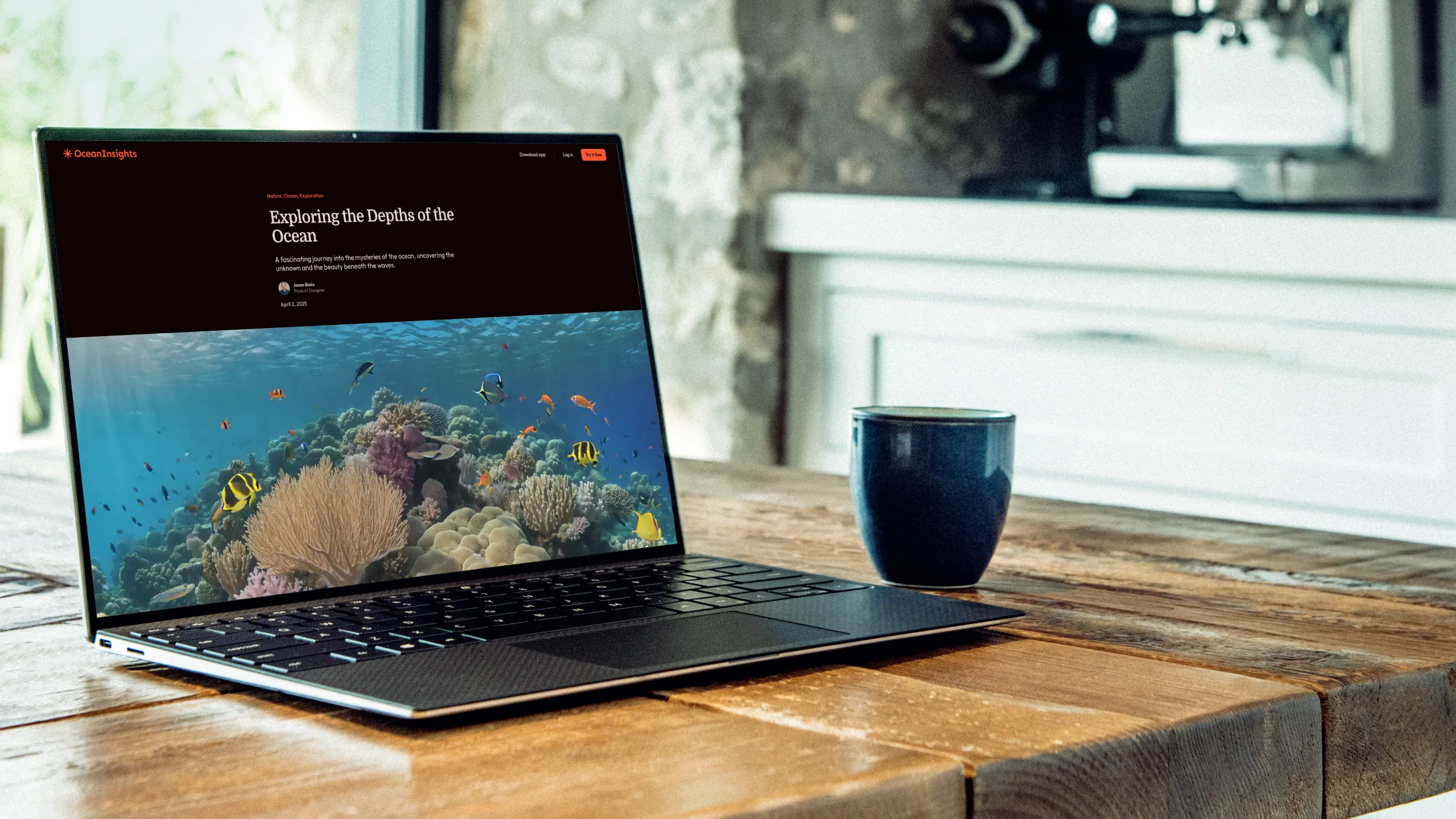 Dell XPS mockup on table with coffee mug at the side