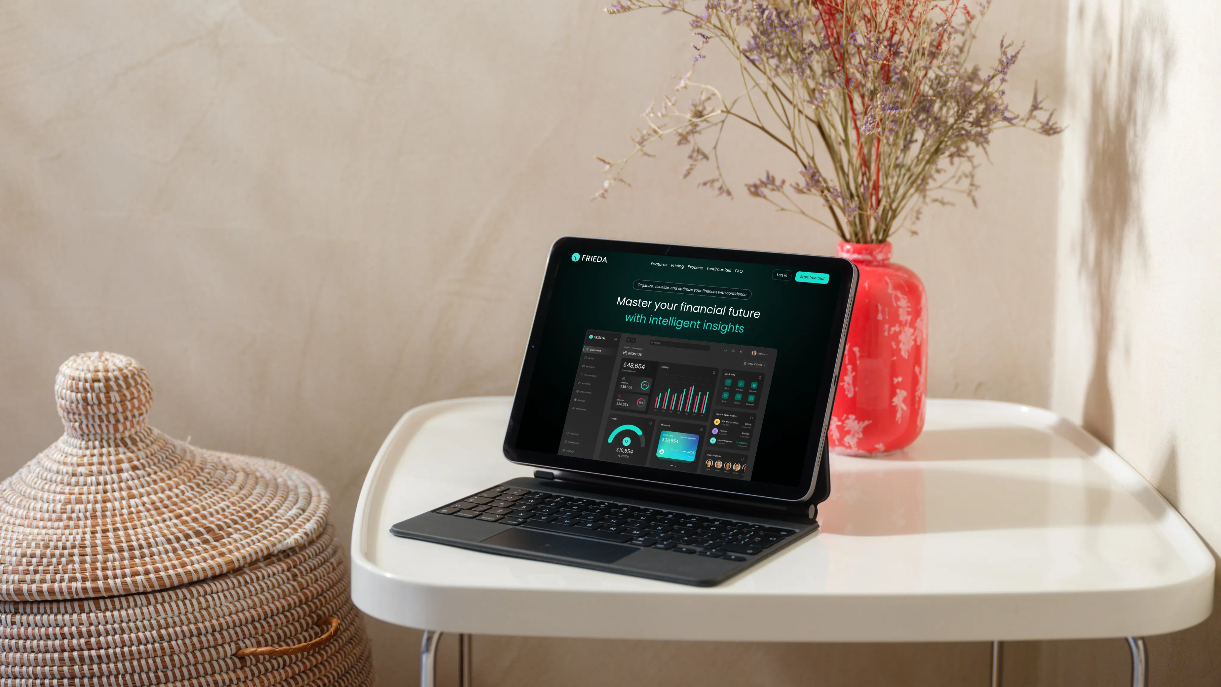 iPad Air mockup on a cozy home table with a decorative vase