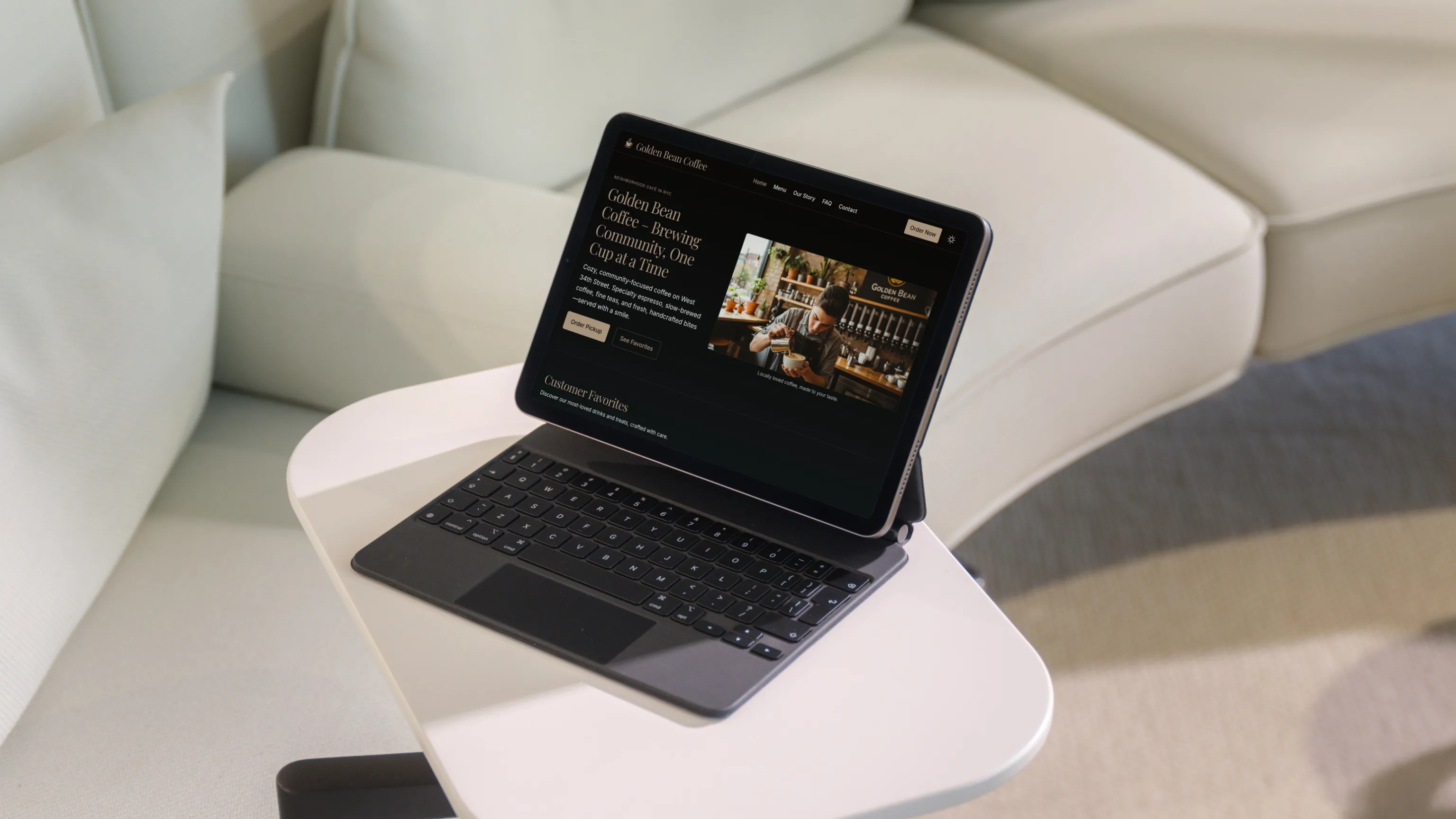 iPad Air mockup on modern living room side table